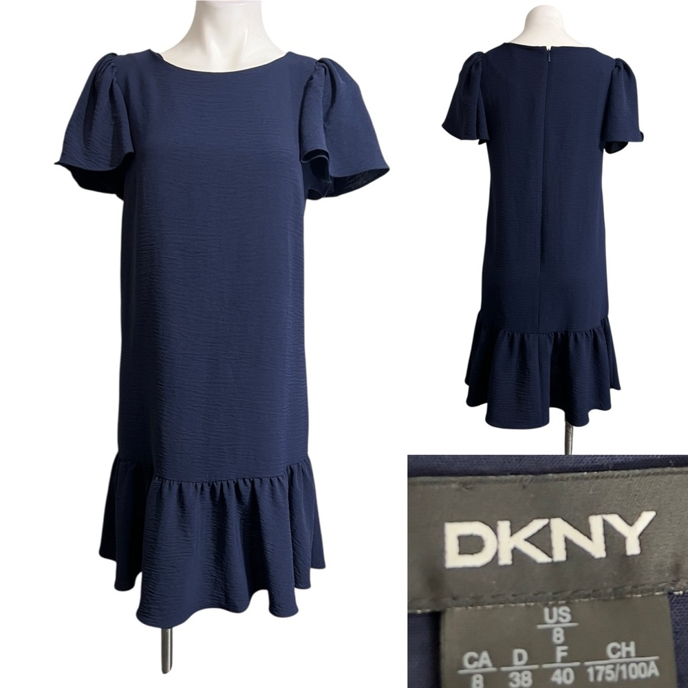 DKNY Dress Sz 8 Midnight Blue Flounce knee length office church business casual